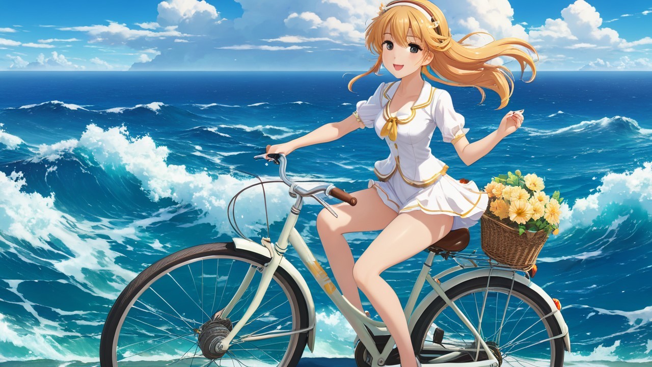 Young girl on vintage bicycle by the ocean