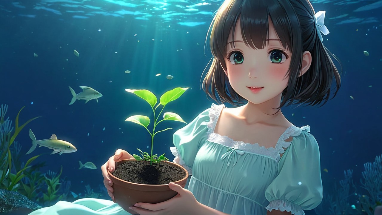 Young girl underwater with potted plant and fish