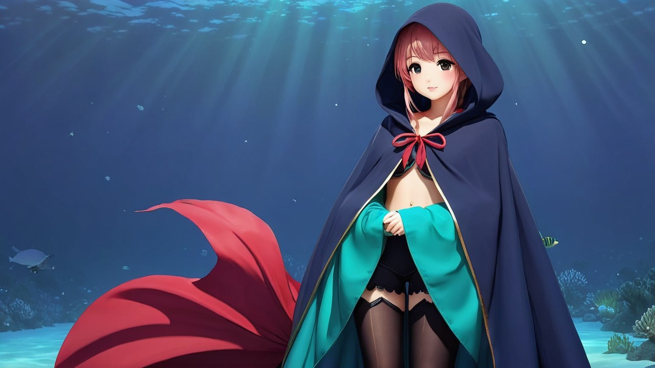 Underwater Character in Dark Cloak with Fish