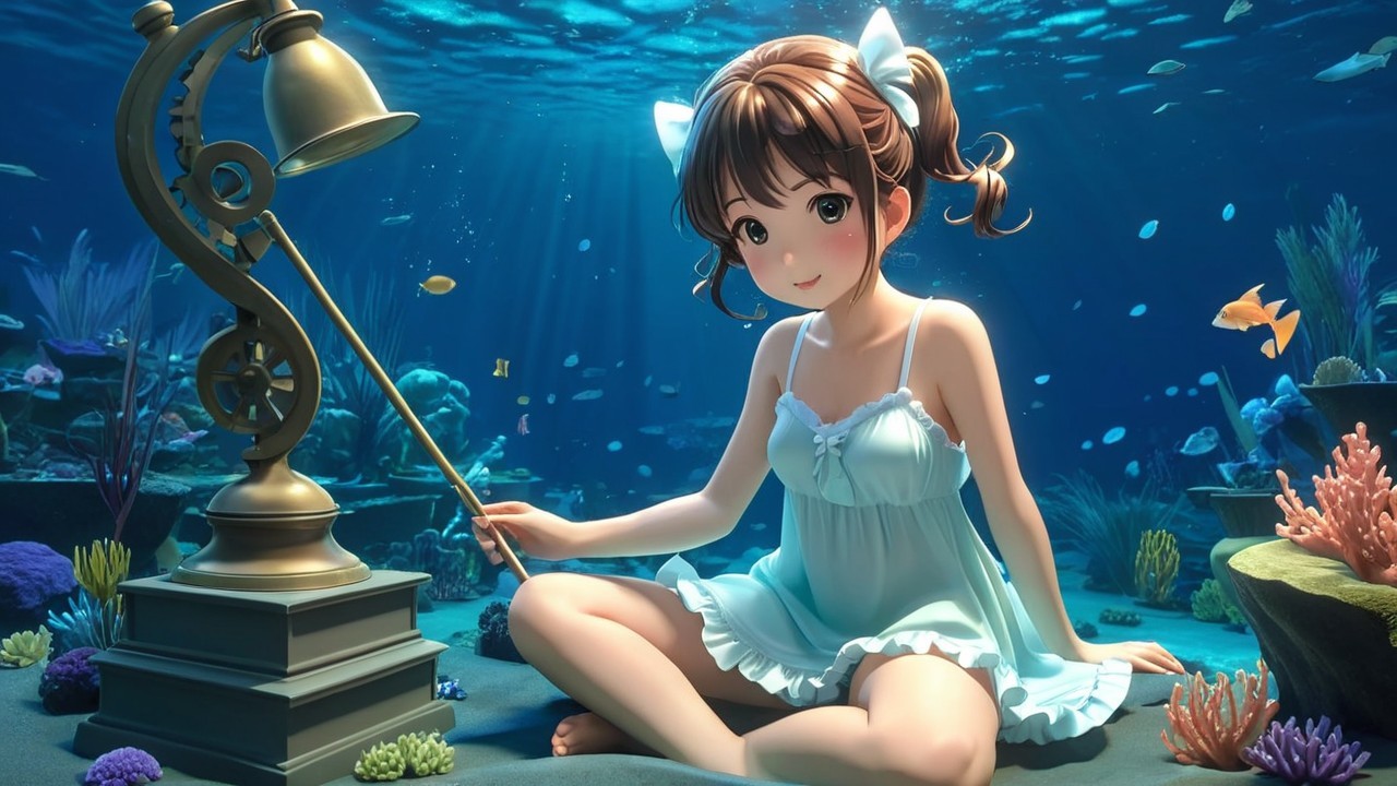 Young girl on ocean floor with coral and fish