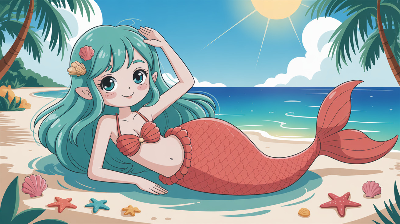 Anime Mermaid Girl on Beach with Turquoise Hair