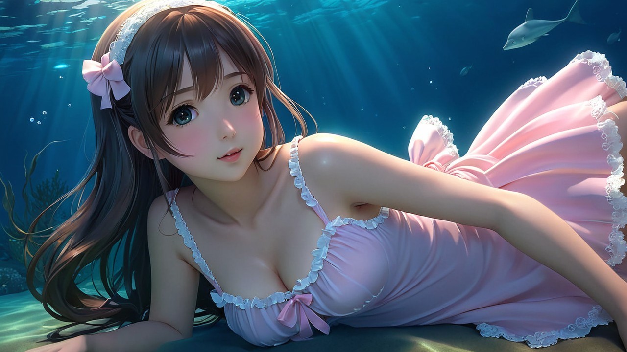Young woman in pink dress floating underwater with fish