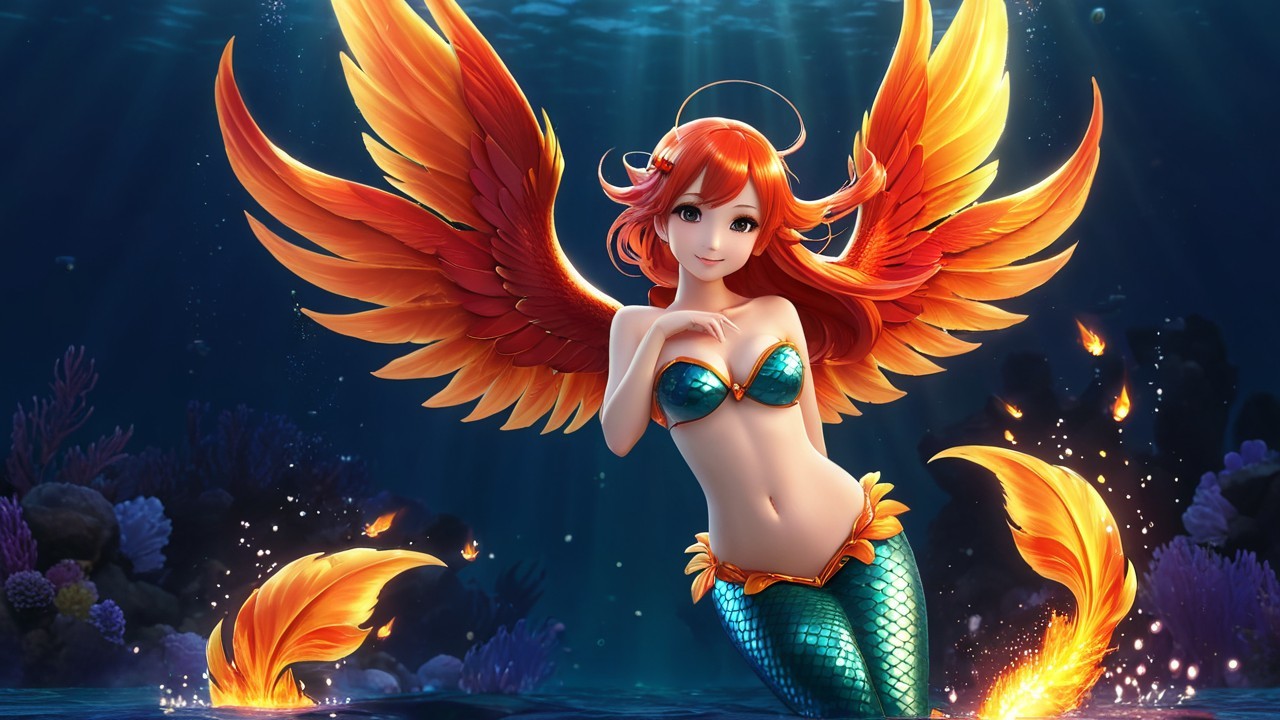 Mermaid with Red Hair and Orange Wings Underwater
