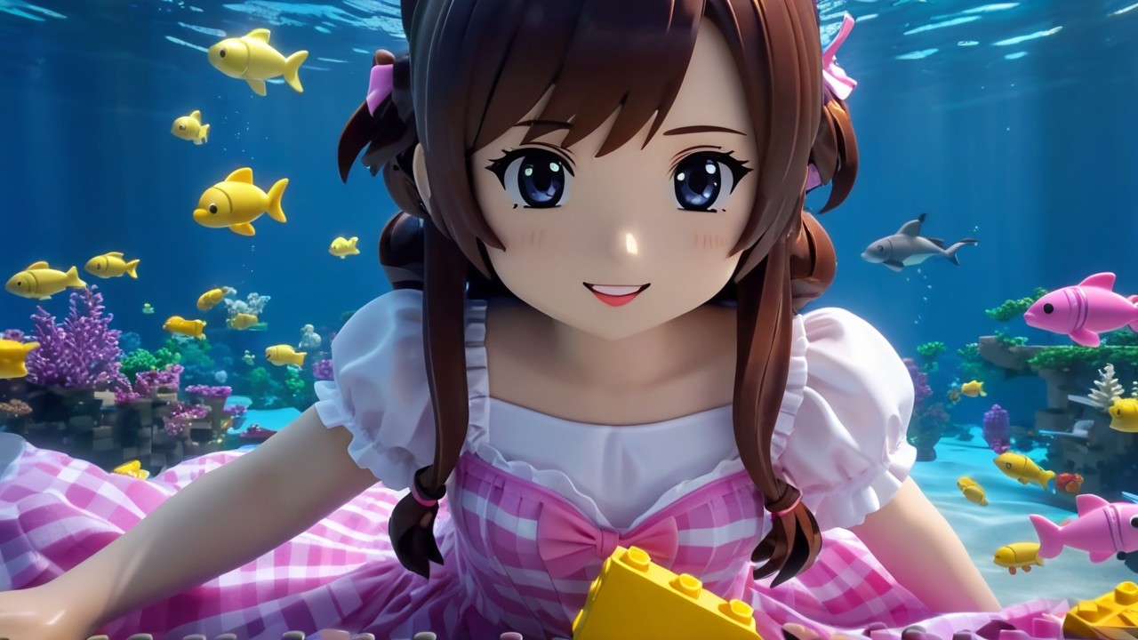Cheerful girl in pink dress playing underwater with fish