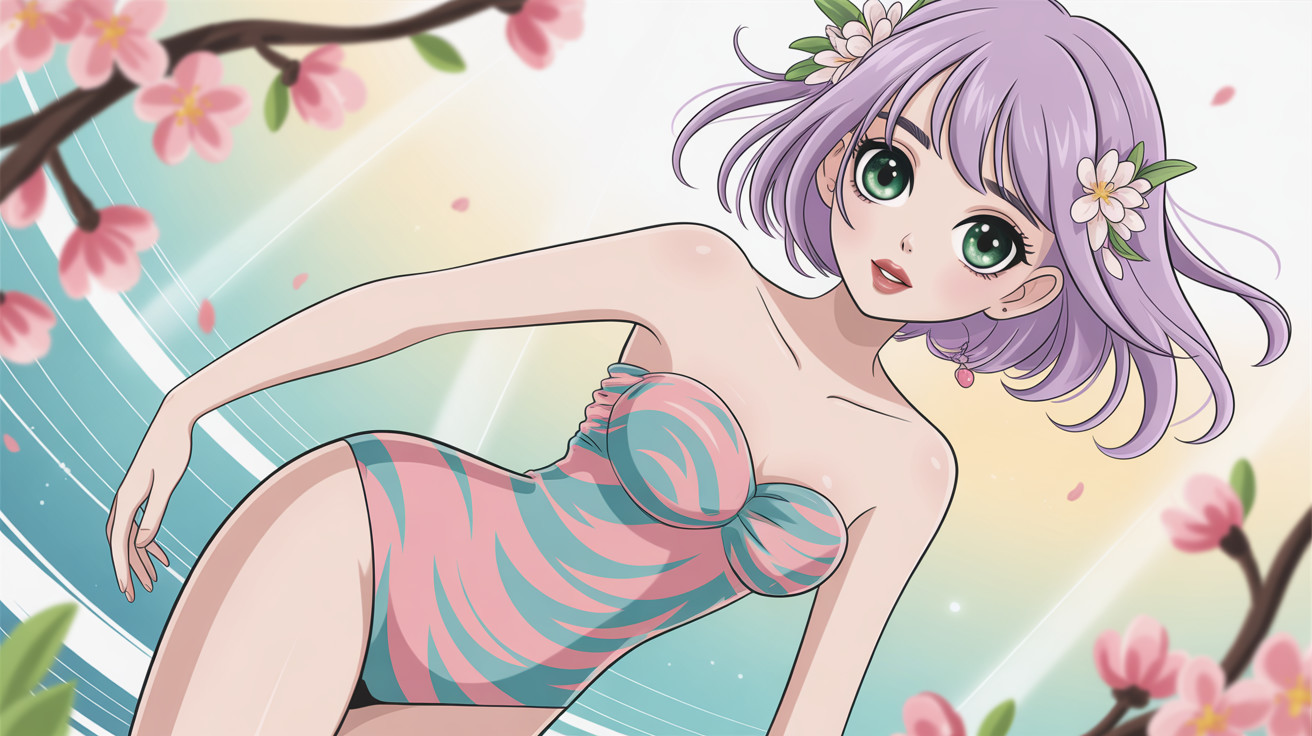 Anime girl in swimsuit with peach blossom background