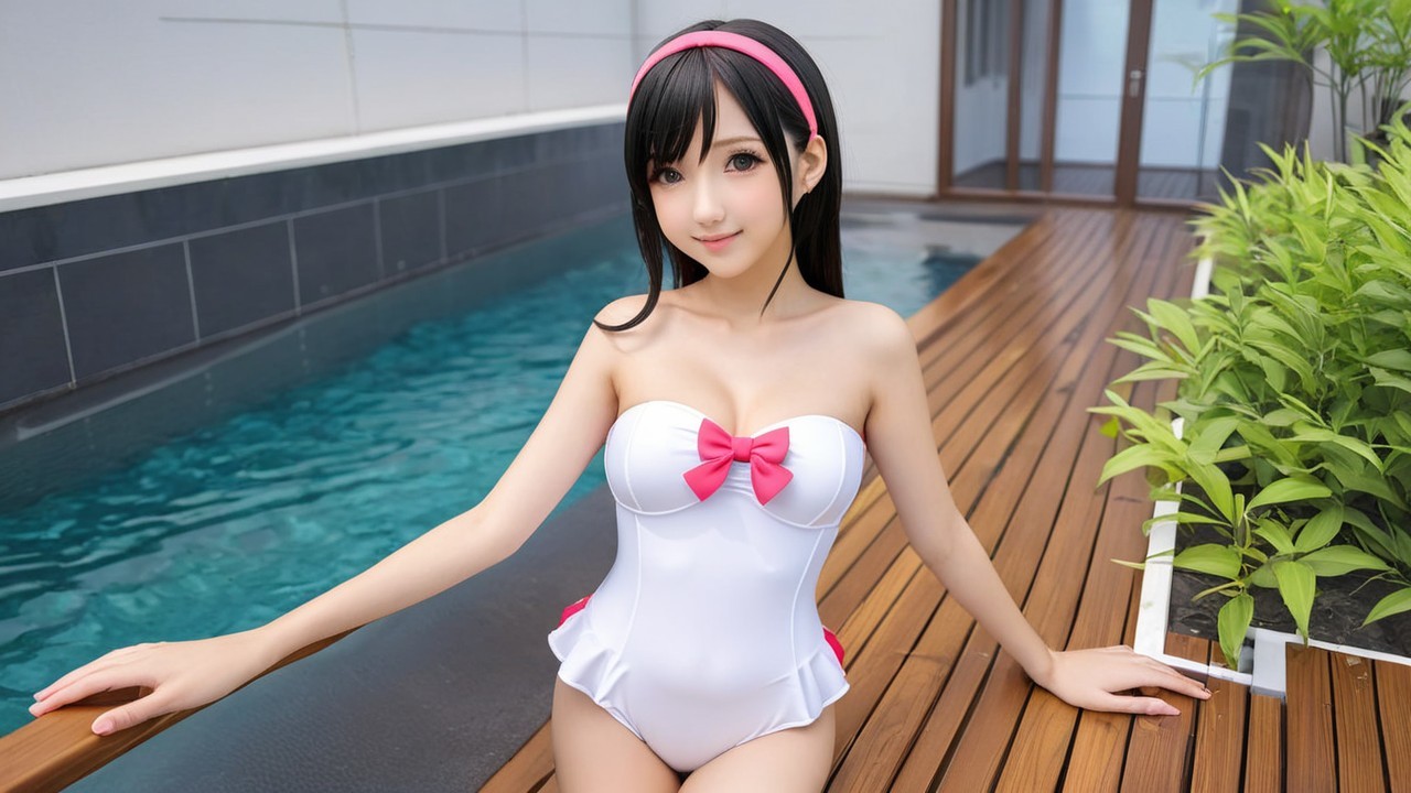 Young Woman in Stylish Swimsuit by Modern Poolside