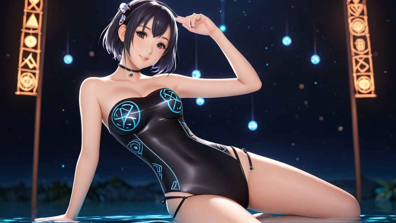 Stylish Character in Black Swimsuit by Water at Night