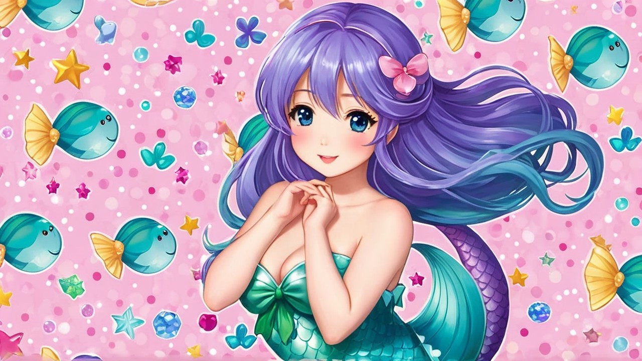 Whimsical Animated Mermaid with Lavender Hair and Gems
