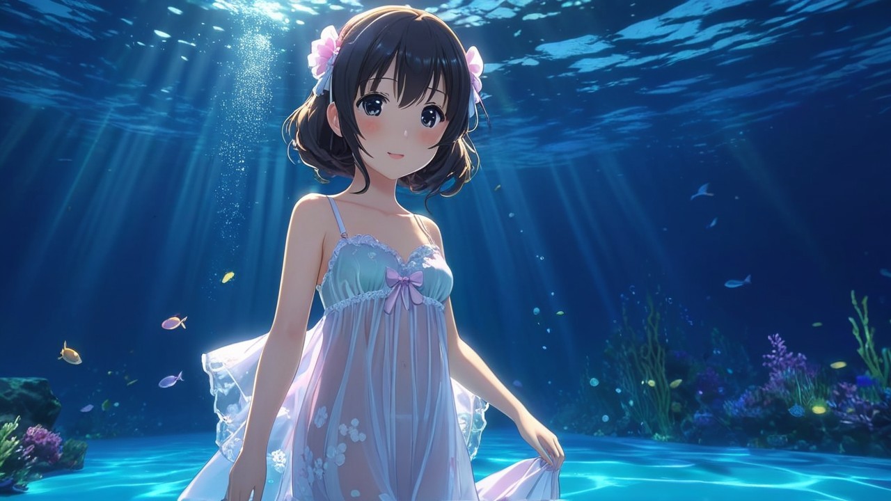 Underwater Scene with a Young Girl and Colorful Fish