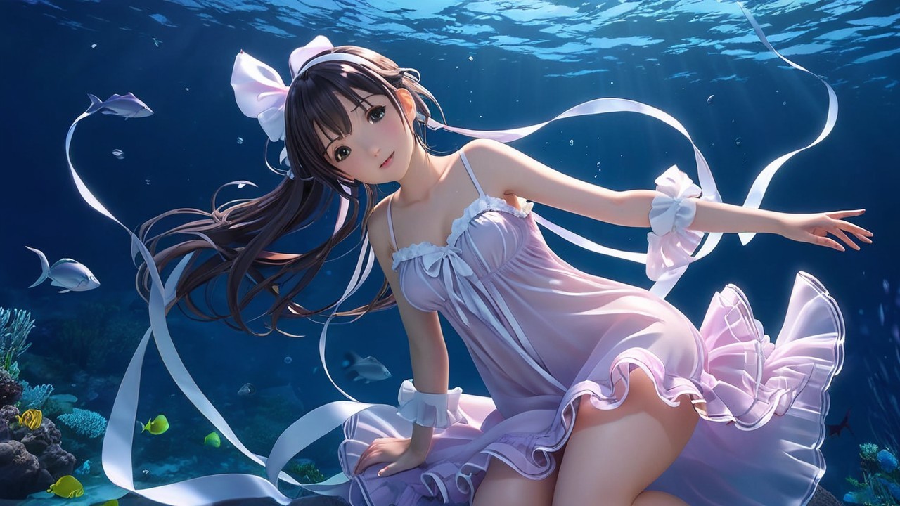 Underwater Scene with Woman in Purple Dress and Fish