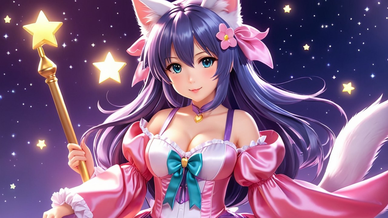 Anime Character with Cat Ears and Magical Staff
