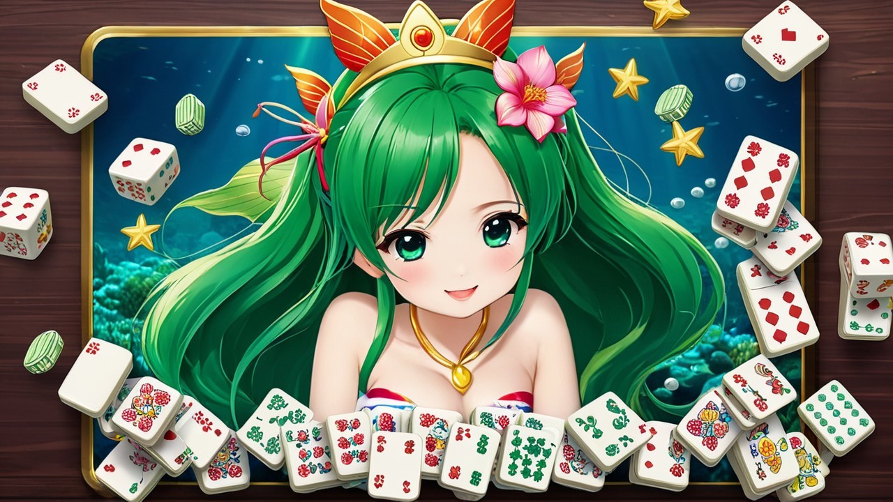 Underwater Scene with Vibrant Character and Mahjong Tiles