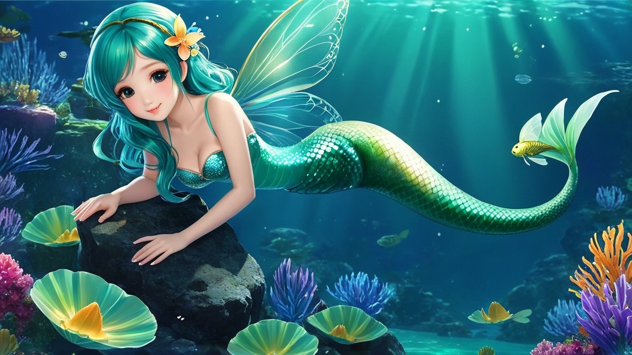 Vibrant Underwater Scene with Mermaid and Corals