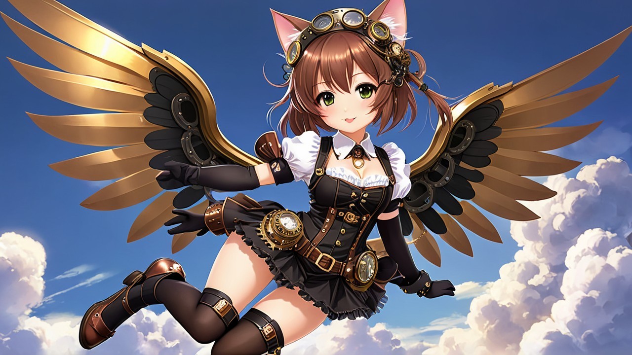 Steampunk Character with Cat Ears and Mechanical Wings