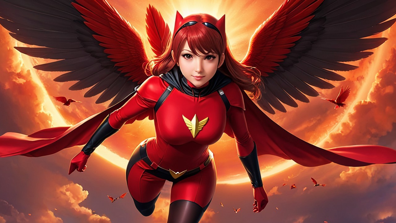 Heroic Figure in Red and Black Suit Soaring at Sunset