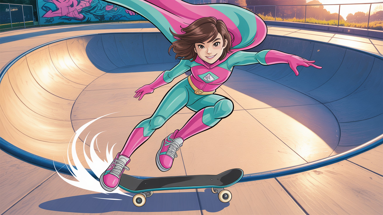 Young girl in superhero costume on skateboard in bowl