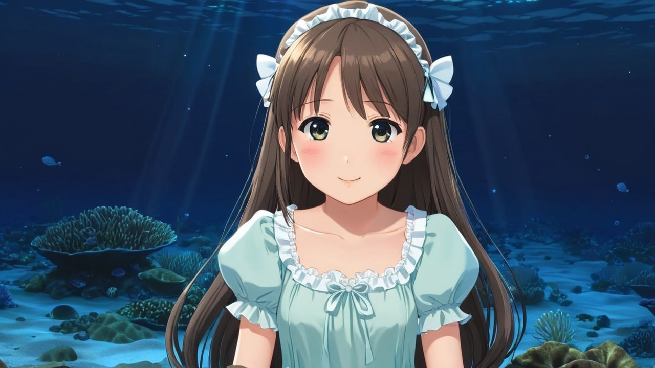 Young girl in blue dress smiles underwater with fish