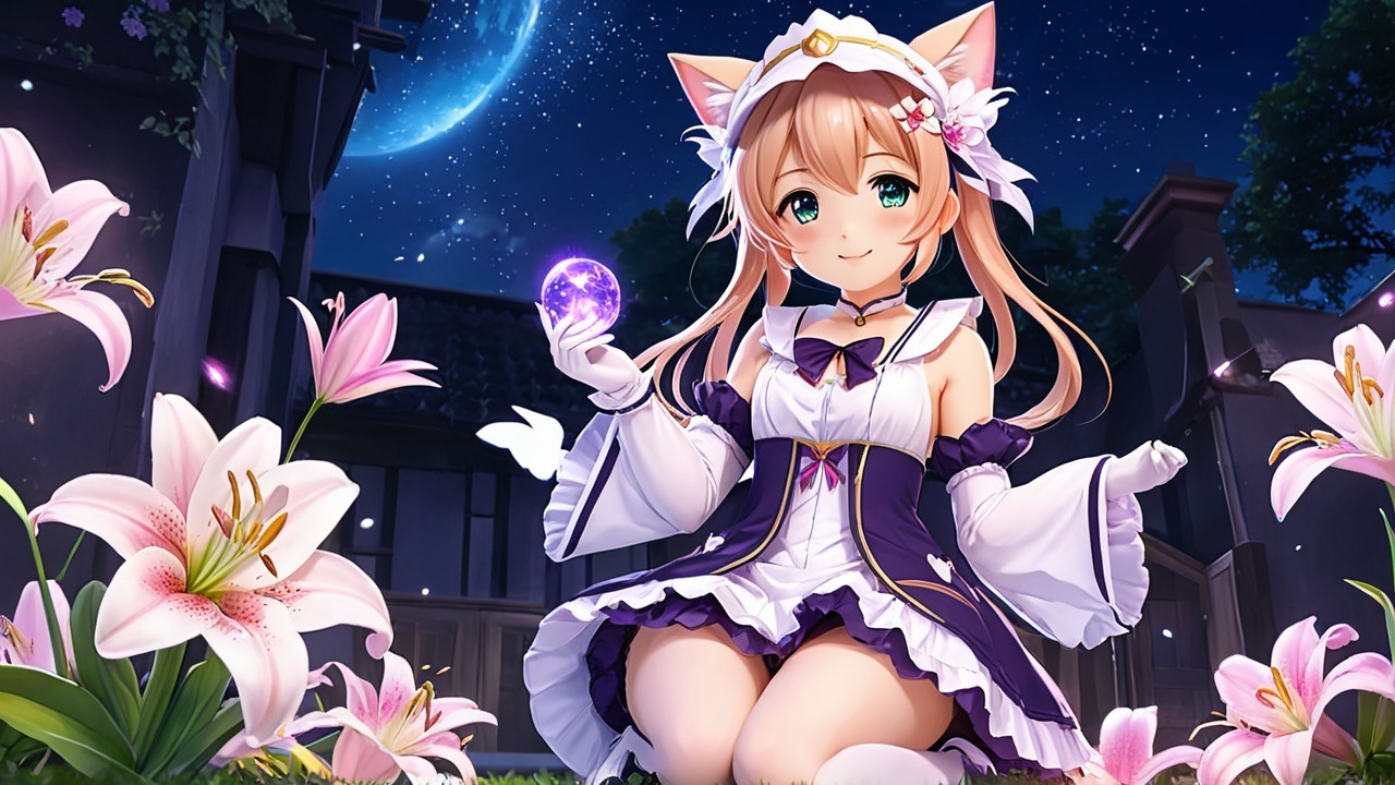 Cute anime character with cat ears in a magical setting