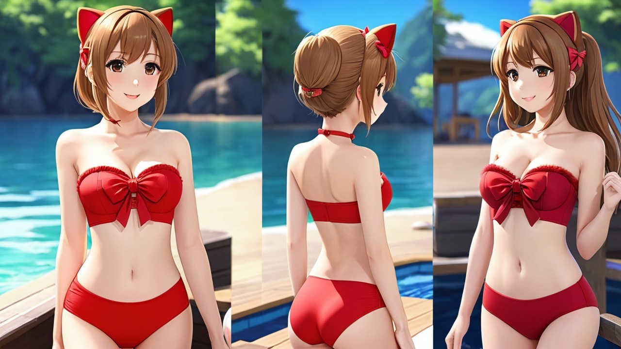 Stylish Character in Red Bikini at Poolside Setting
