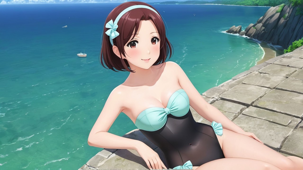 Young Woman in Stylish Swimsuit by the Seaside