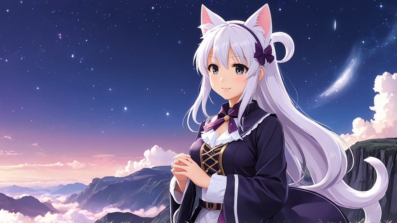 Anime-style girl with cat ears in starry sky scene