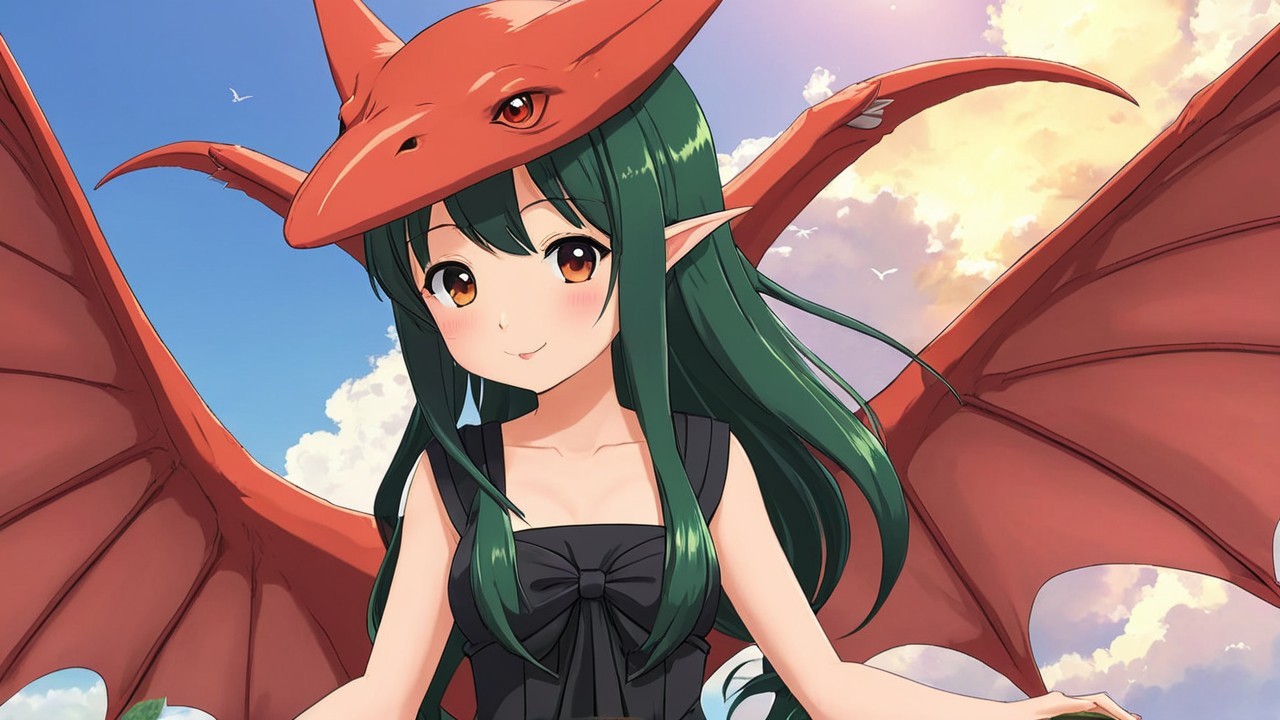 Whimsical anime character with green hair and dragon hat