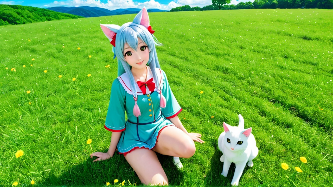 Cheerful Character with Cat Ears in Vibrant Field