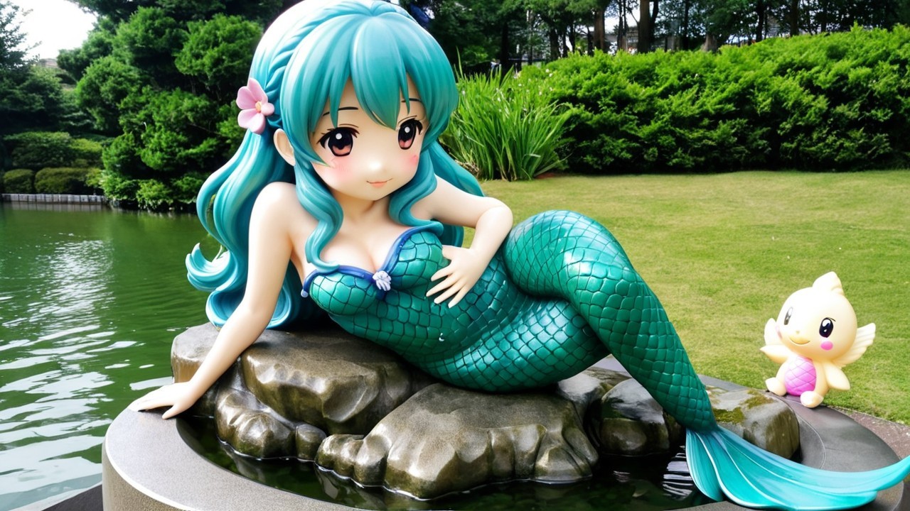Vibrant Mermaid Statue by Serene Pond with Fish