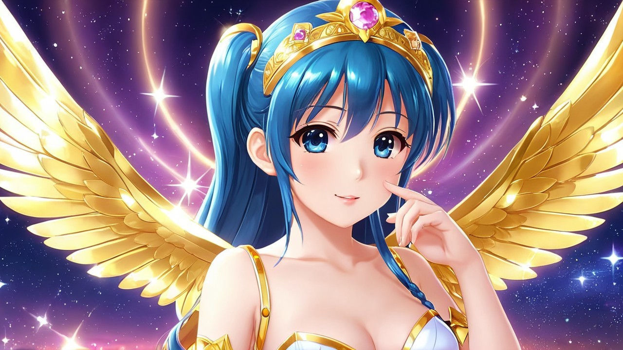 Vibrant anime character with blue hair and angelic wings