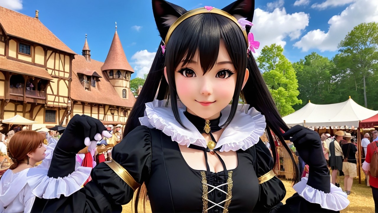 Young Woman in Anime Costume at Medieval Village