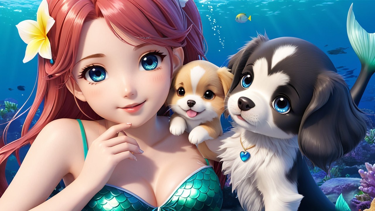 Underwater Scene with Girl, Dogs, and Colorful Fish