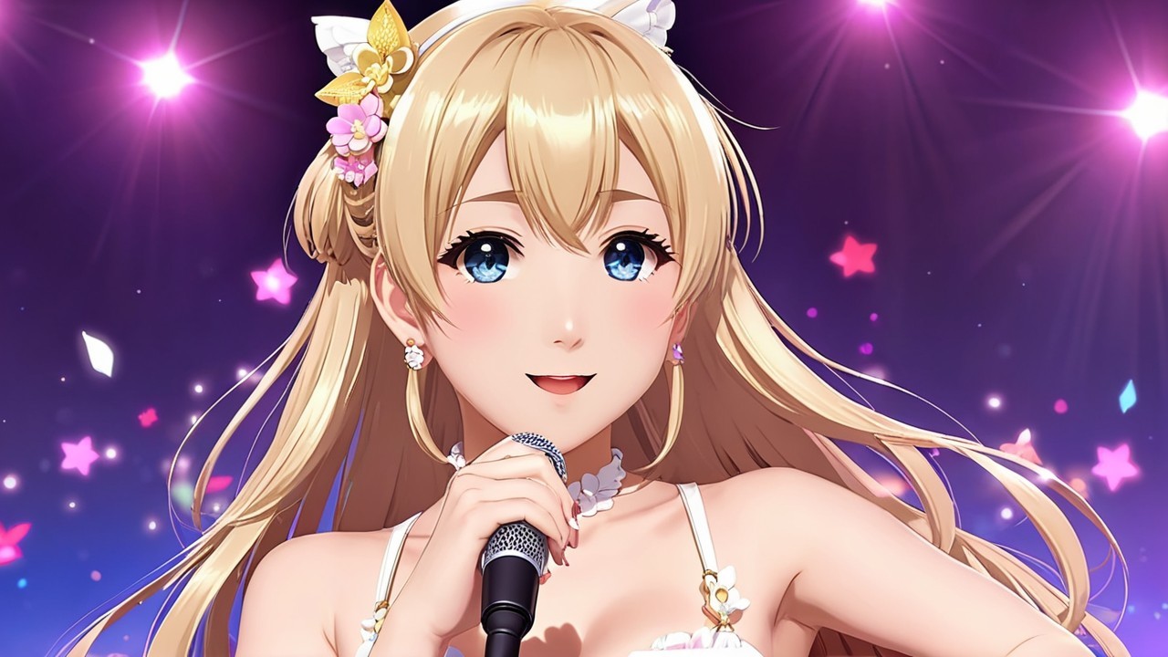 Cheerful anime character singing with vibrant background