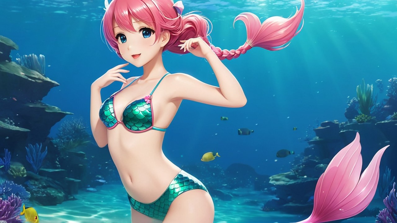 Anime-style depiction of a young mermaid with pink hair