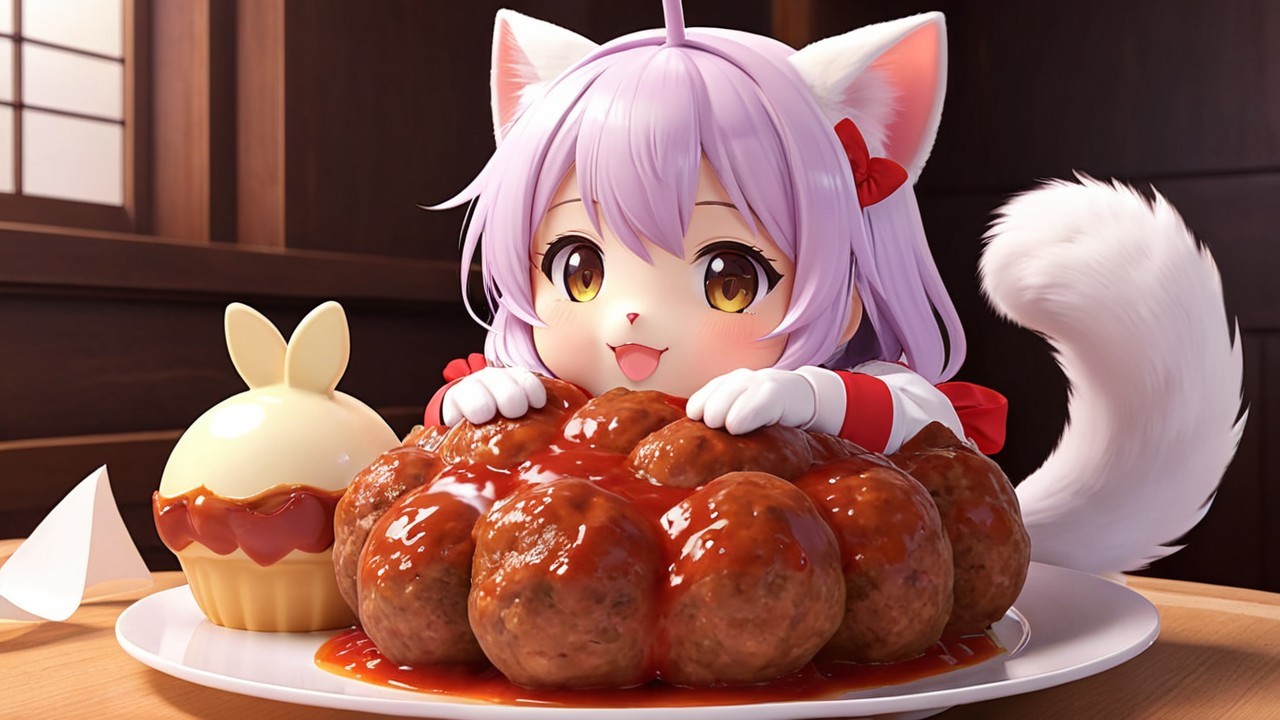 Cute anime character with cat ears and meatballs