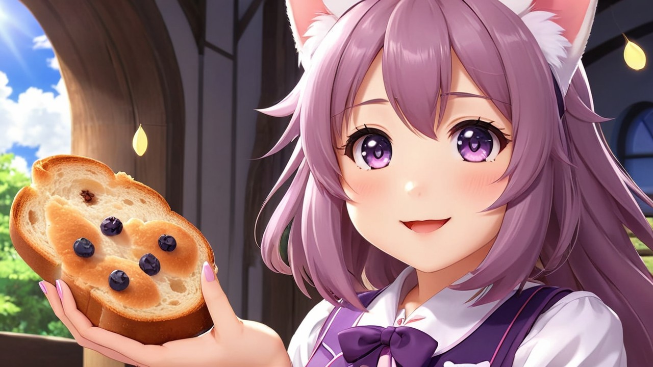 Cheerful character with lavender hair in cozy setting