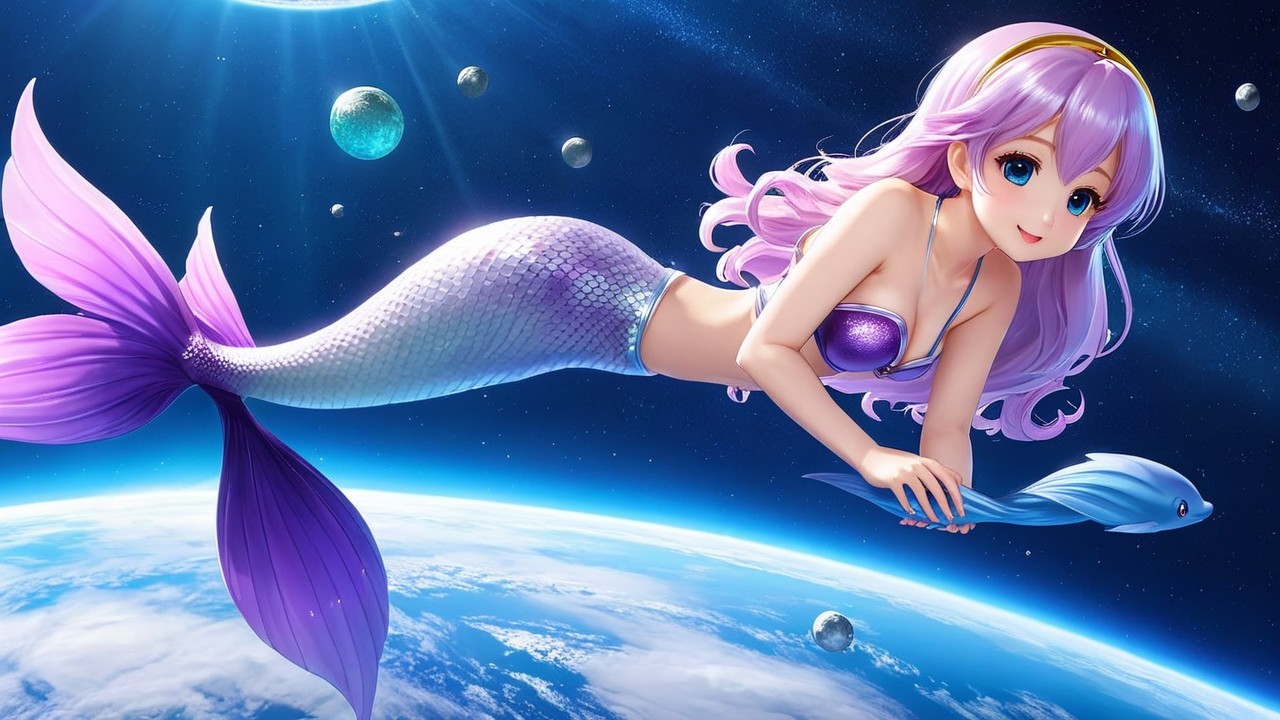 Animated mermaid in cosmic scene with dolphin