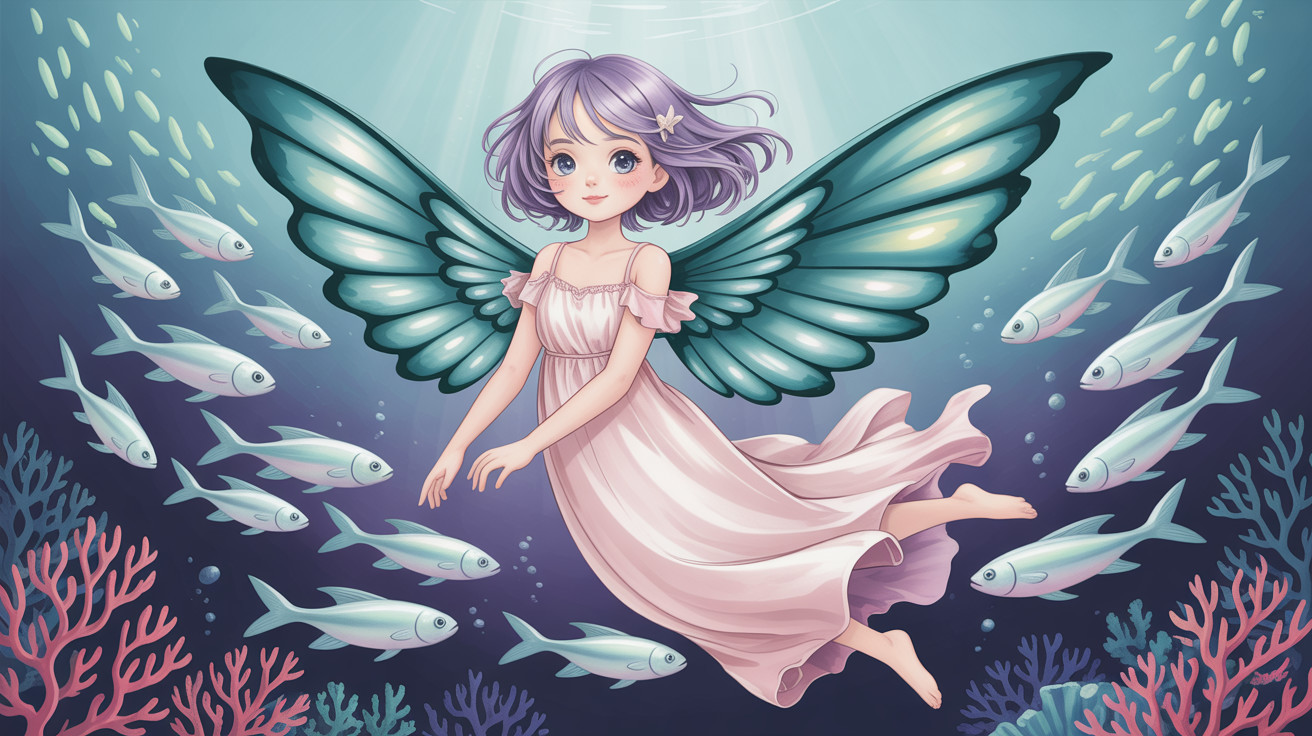 Anime Fairy Girl with Purple Hair Underwater Scene