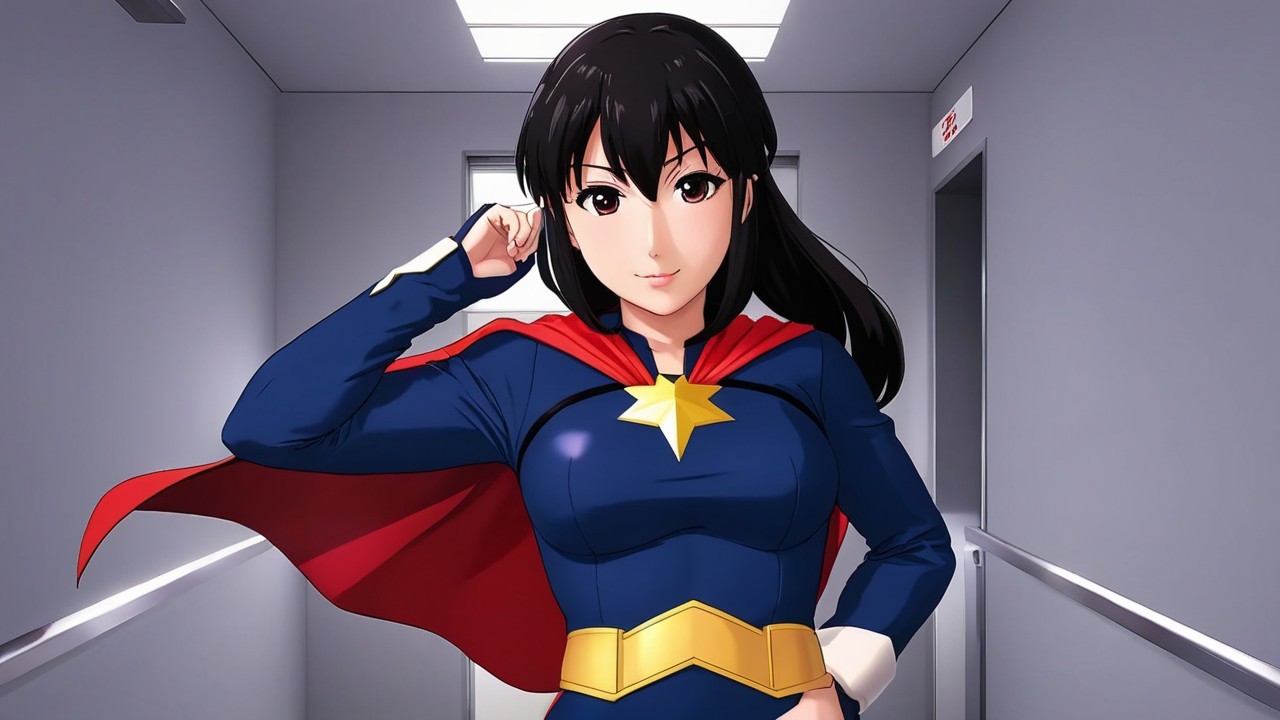 Confident Female Superhero in Vibrant Costume Pose