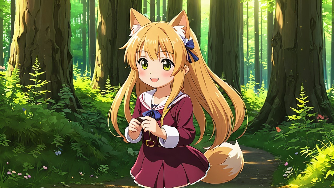 Cheerful anime girl with fox ears in a sunlit forest