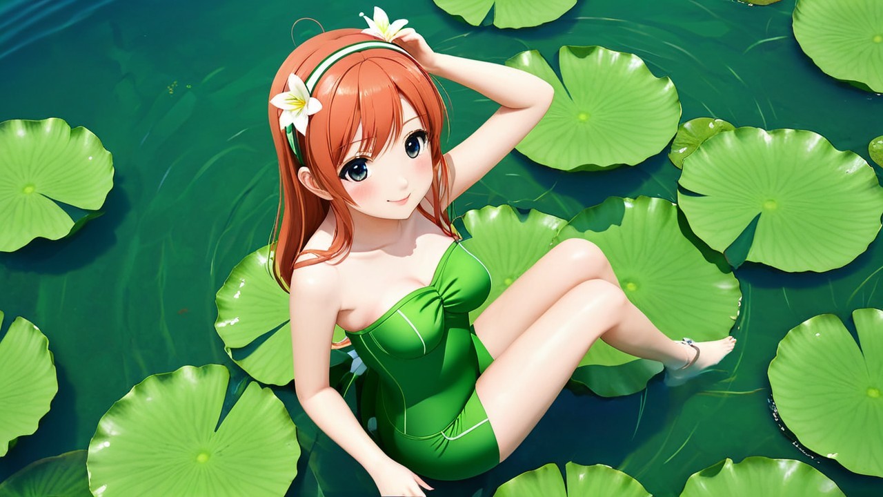 Cheerful woman on lily pad in tranquil pond scene