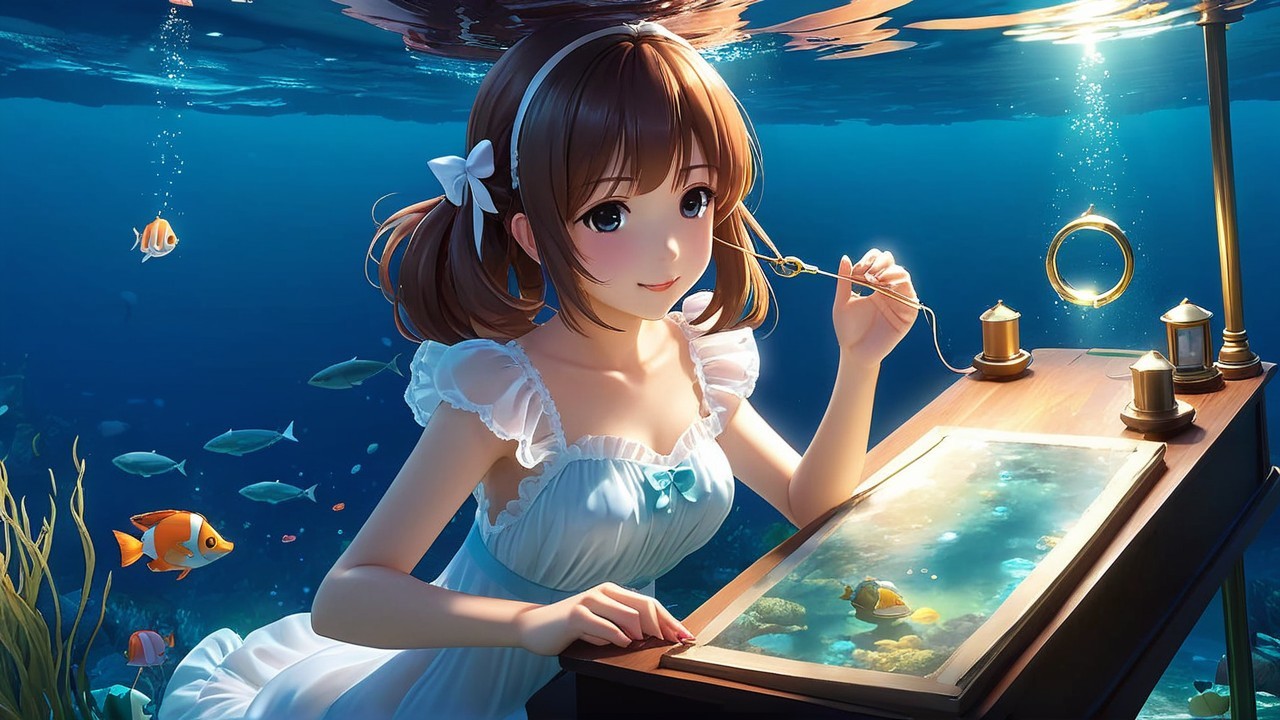 Underwater Scene with Girl and Vibrant Marine Life