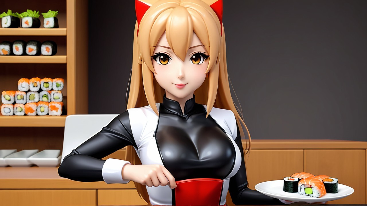 Anime Character in Modern Kitchen with Sushi Display