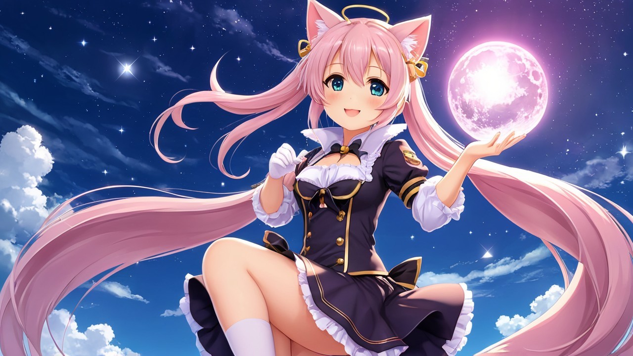 Cheerful anime character with pink hair in starry sky
