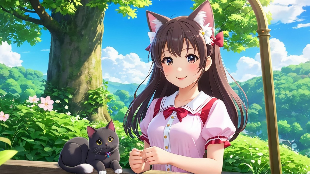 Cheerful girl with cat ears in a sunny landscape