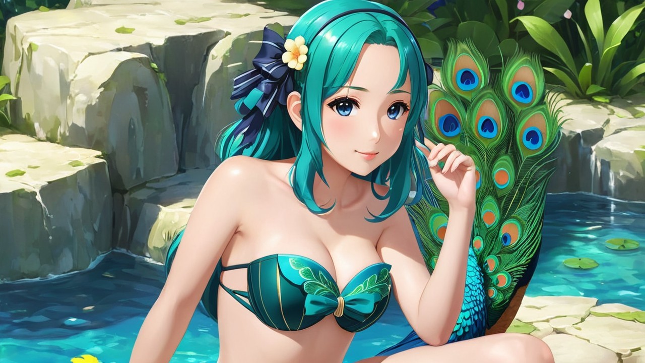 Young woman with teal hair by serene poolside