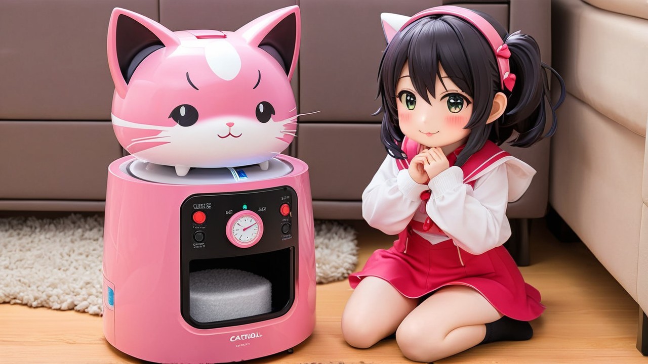 Pink Cat-Shaped Humidifier Beside Cheerful Girl