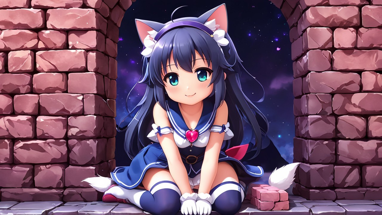 Anime Character with Cat Ears in Stone Archway