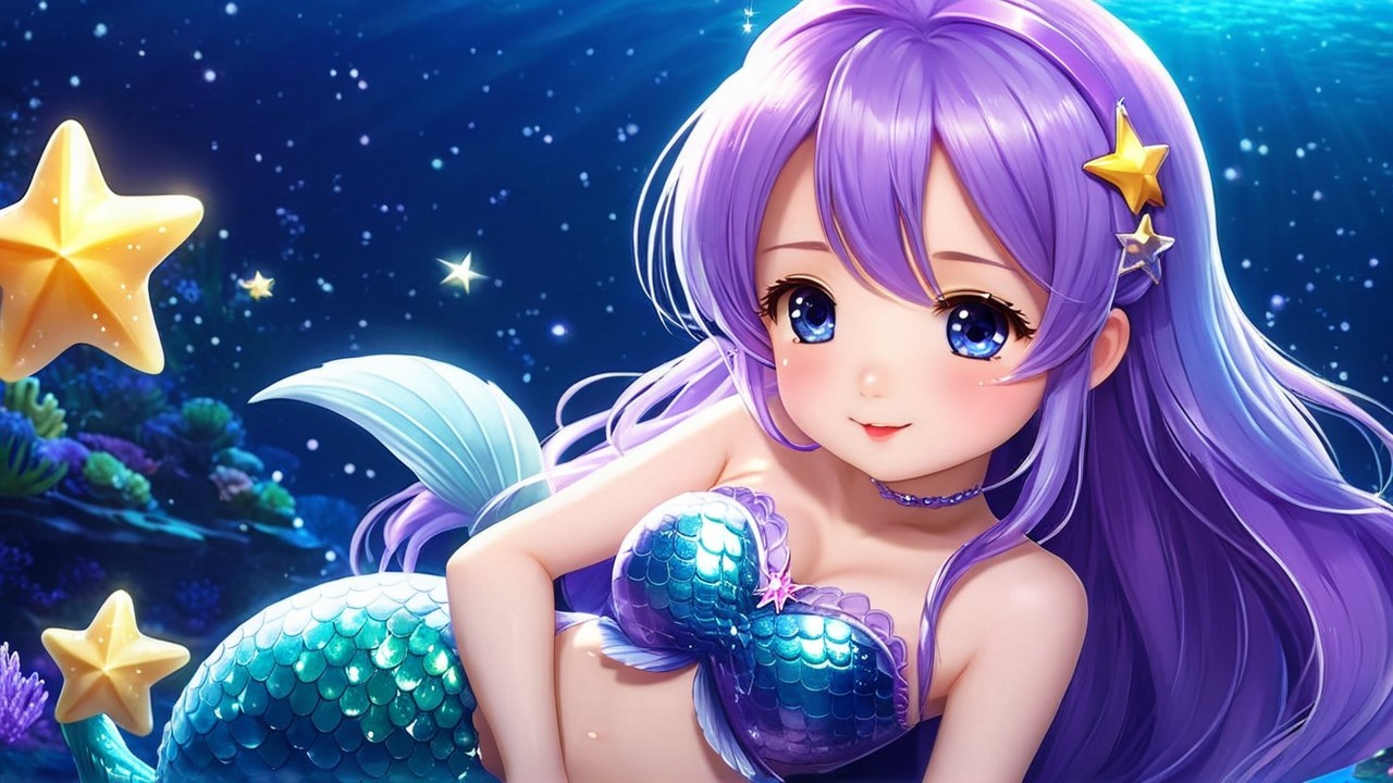 Anime-style mermaid with purple hair and green tail