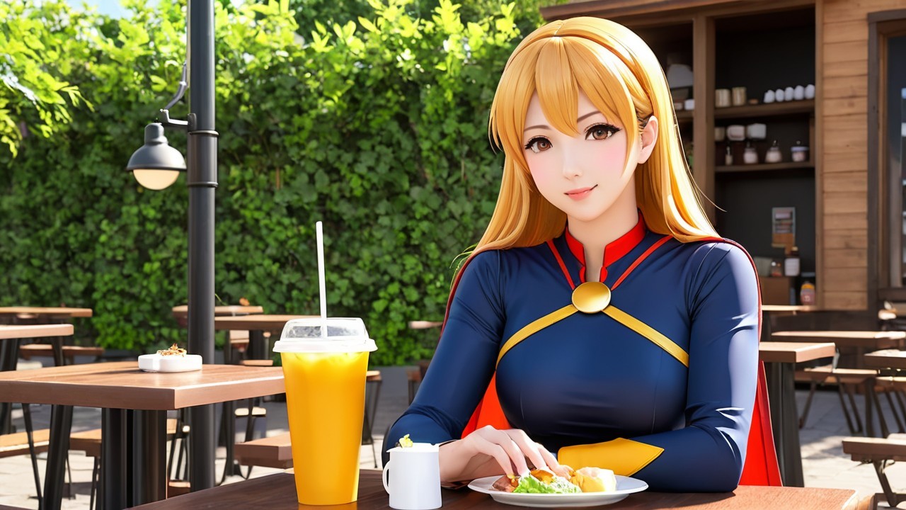 Anime Character at Café with Lush Greenery Background