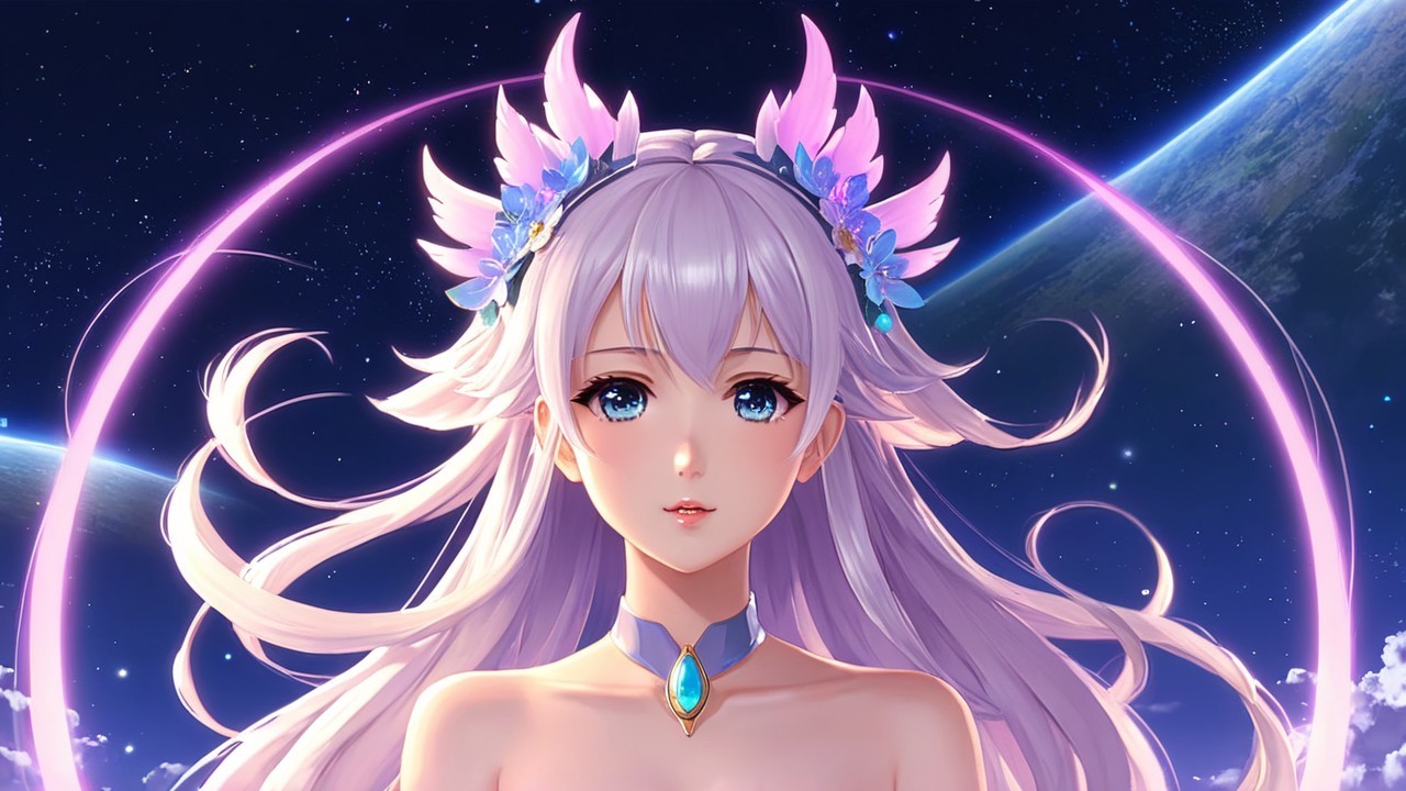 Anime Character with Silver Hair in Cosmic Scene
